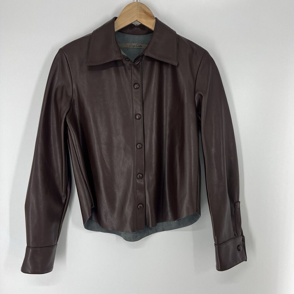 Enza Costa Bomber Jacket Size XS 0 Womens Brown Crop Snap Vegan Faux Leather